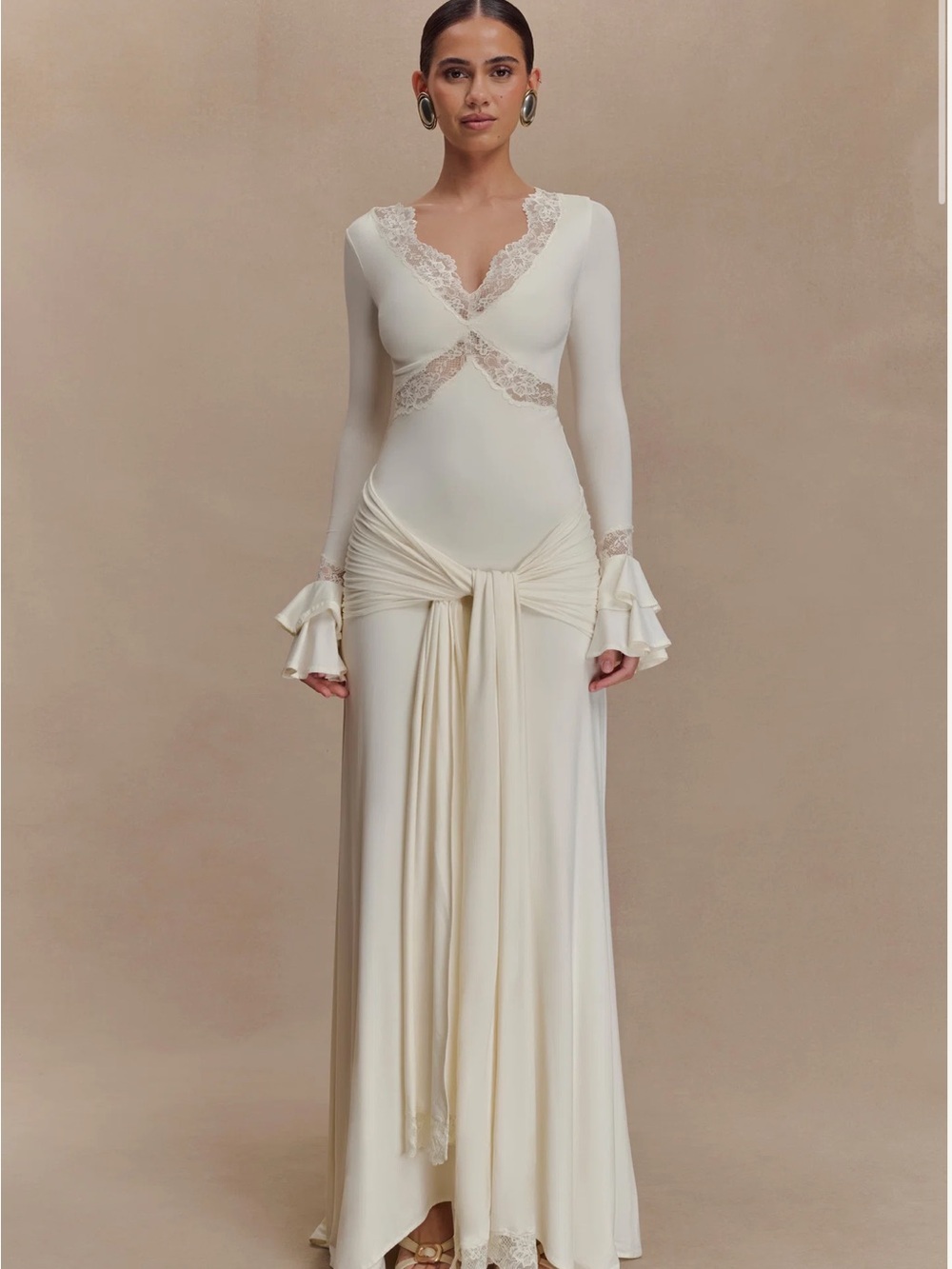 Meshki Cream Long Sleeve Lace-Trim Maxi Dress